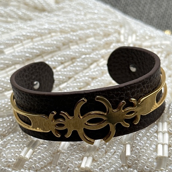 Jewelry Chanel Style Cuff Leather Brass Bracelet 47 Poshmark